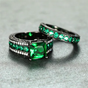 Prabanga Moterų Žalias Kvadratas Žiedas Nustatyti Derliaus Juodojo Aukso Vestuviniai Vestuviniai Žiedai Moterims Žada Meilės Solitaire Vestuvinis Žiedas 3292